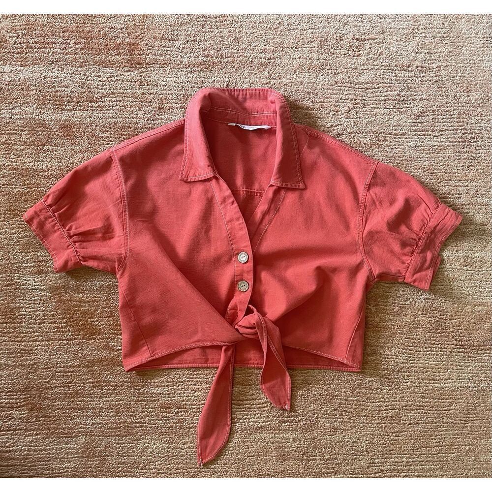 Zara Coral Red Tie-Front Crop Top